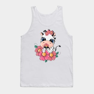 Cartoon zebra in a meadow with flowers. Tank Top